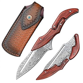 Damascus Steel Folding Knife Pocket Knife Yellow Sandalwood Handle Mechanical Lock Outdoor Camping Survival (Curved blade)