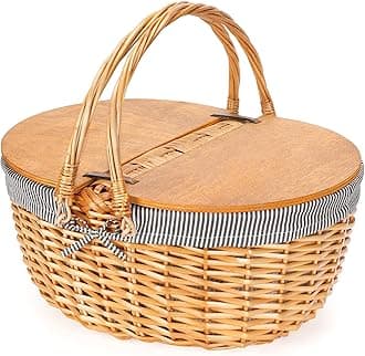 Wicker Picnic Basket with Liner, Wooden Split Lid Picnic Basket, Vintage-Style Picnic Hamper with Folding Woven Handle for Picnic, Camping, Outdoor, Valentine Day, Thanks Giving, Birthday (Grey)
