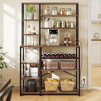 YITAHOME Kitchen Microwave Stand Bakers Rack Coffee Bar with Power Outlet, 39 Inch Large Freestanding Tall Dining Room Storage Shelves for Wine Liquor with Cup Holder, Rustic Brown