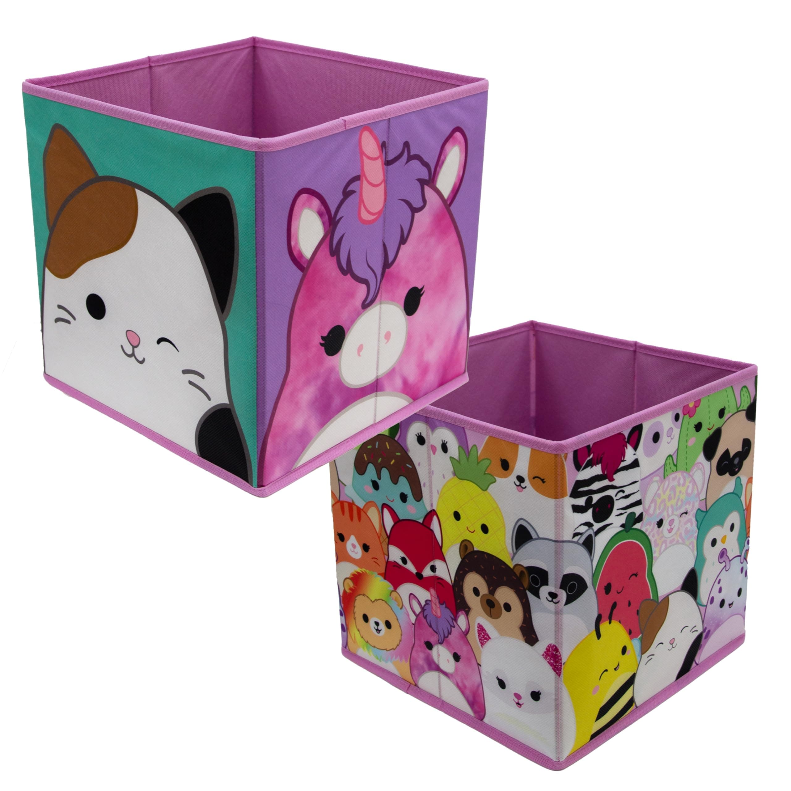 Squishmallows Officially Licensed Storage Boxes | 2 pack Foldable Storage Cubes Cat, Unicorn Design | Perfect For Organising Children's Room, Kids Playroom, Multicoloured
