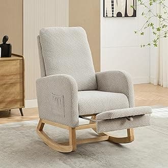 Nursery Rocking Chair with Foot Rest, Upholstered Glider Chair with Two Side Pockets, High Back Nursing Chair, Rocker Accent Armchair for Bedroom Living Room (Light Gray)