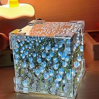 Handmade DIY Tulip Night Lamp, Cube Mirror Bedroom Tulip Night Lamp, 20 Flower Table Lamp and Mirror 2 in 1, Birthday Gifts for Women and Girls (Blue Tulips)
