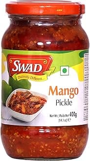 SWAD Spicy Mango Pickle | Spicy & Tangy Aam Ka Achaar with Raw Mango Chunks | Homemade Tangy & Spicy Aam Achaar Mixed with Corn Oil | 400g (Pack of 1)