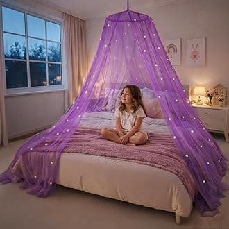 Purple Bed Canopy for Girls with Glowing Stars - Princess Netting Room Decor, Ceiling Tent to Cover Toddler | Single, Twin, Full, Queen Size Kids Bed, Fire Retardant Fabric