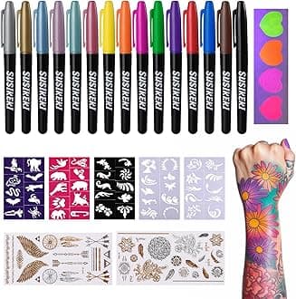 Temporary Tattoo Markers for Skin, 15 Colors Tattoo Pen + 50 Paint Stencils + 43 Tattoos Stickers, Glitter & Matte & Neon Glow Body Marker Set, Removable Fake Tattoos Kit for Teens and Adult