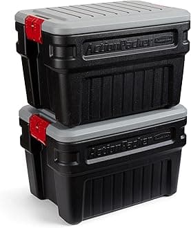 Rubbermaid ActionPacker️ 24 Gal Lockable Storage Bins Pack of 2, Industrial, Rugged Storage Containers with Lids,Black, Mica, Red