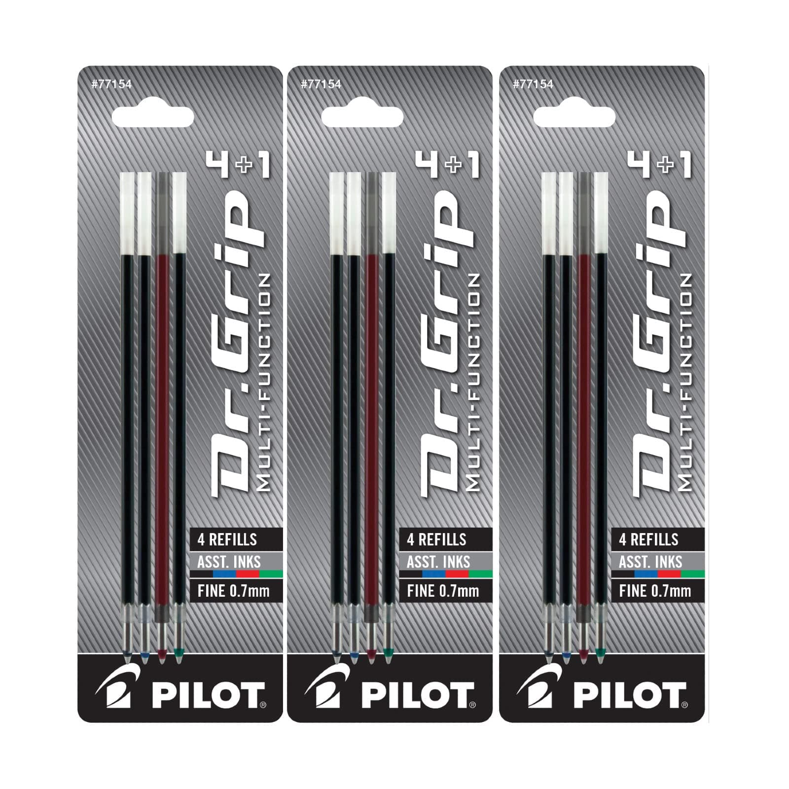 Dr. Grip 4+1 Multi-Function Ballpoint Ink Refills, Fine Point, Black/Red/Blue/Green Inks, 3 Pack