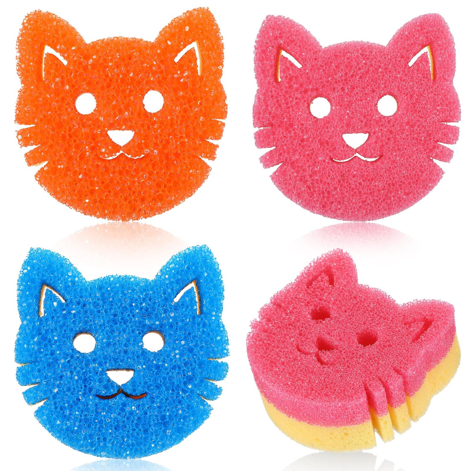 3 Pcs Dual Sided Scrub Sponge Multi Functional Cute Temperature Sensitive Non Scratch Dish Sponge for Washing Dishes Kitchen Bathroom(Cat,Pink, Orange, Blue)