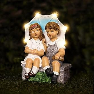 Garden Mile Solar Garden Ornament Light up Umbrella Boy and Girl Resin Weatherproof Statue Garden Decoration Boy and Girl Figurine Solar Powered Umbrella, Sculpture for Outdoor,Patio Decor