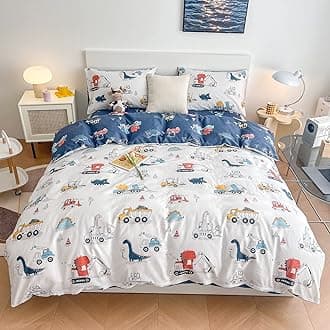 DJY Dinosaur Kids Duvet Cover Set Queen, 100% Cotton Dino Truck Car Bedding Set for Boys Girls, 3 Pieces Reversible Dinosaur Comforter Cover Set (1 Duvet Cover+2 Pillowcases)