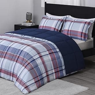 downluxeQueen Comforter Set(88"x92") 3-Piece,Plaid Navy Reversible Comforter,2 Reversible Pillow Shams 20"x26",Microfiber Queen Comforter,Soft and Comfortable