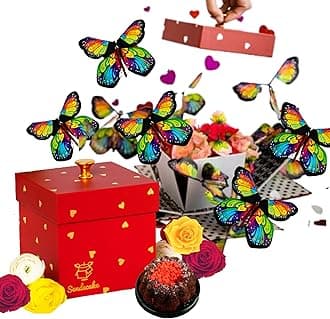 Love Butterfly Explosion Gift Box by Send A Cake – Flying Butterfly Surprise with Flower Shower & Red Velvet Mini Bundt Cake – Ready to Gift Fun Romantic Birthday Surprise Gift for Women, Men, Mom, Dad, Friends & Kids