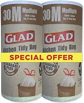 Kitchen Tidy Degradable Plus Garbage Bag, Dual Pack 30 Medium Black Trash Bags, Easy Closure and Removal, Strong and Durable, Odor Eliminating Garbage Bags