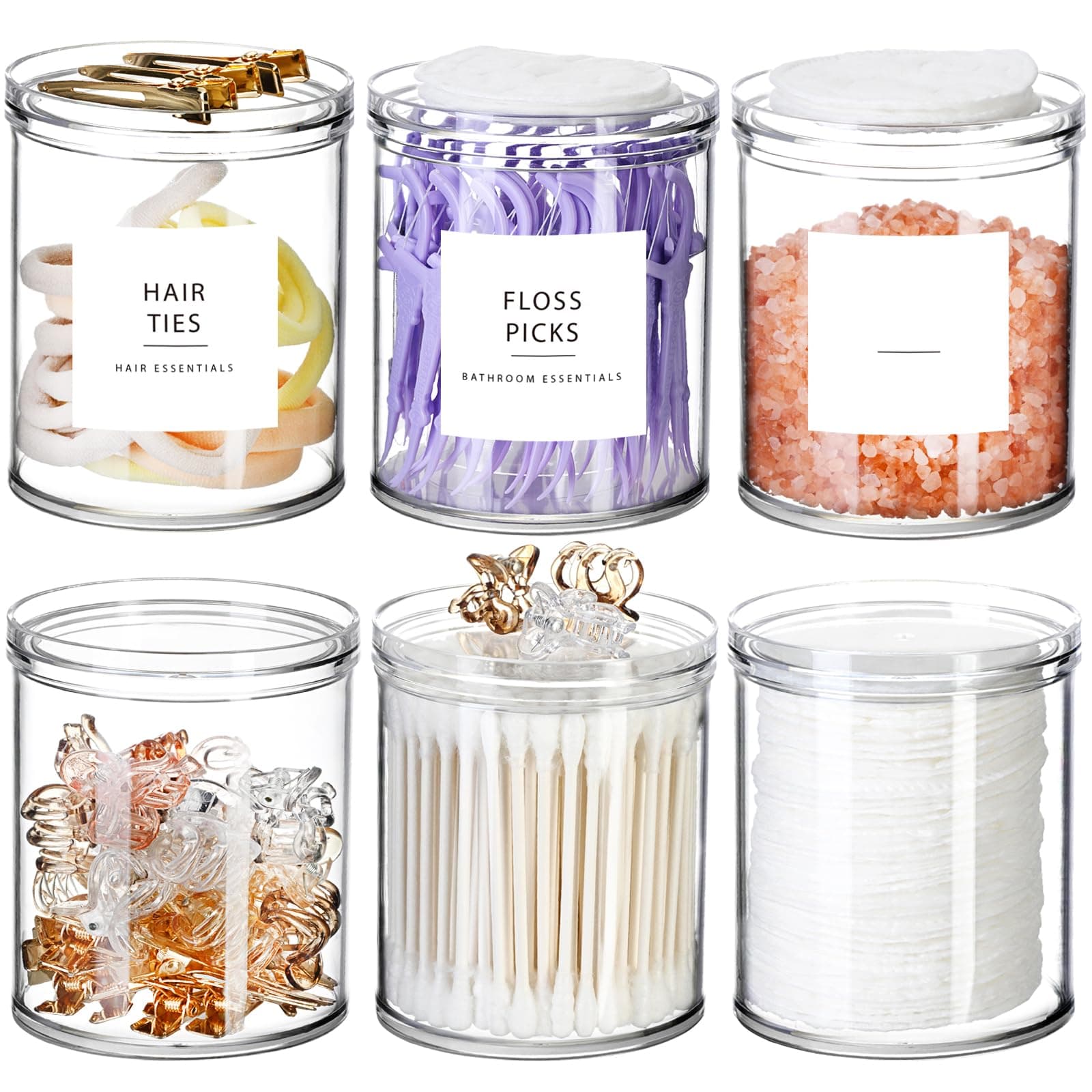 SheeChung 6-Pack Clear Stackable Qtip Holder Dispenser - Mixed (10oz & 12oz) Apothecary Jars with Storage Lids - Whole Home Bathroom Organization Set for Cotton Swabs, Balls, Pads