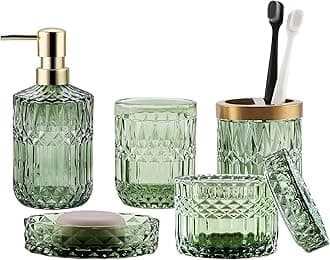 Green Bathroom Accessories Set, 5Pcs Clear Glass Bathroom Set Accessories, Soap Dispenser, Soap Dish, Toothbrush Holder Set, Tumbler, Qtips Holder for Vintage Crystal Bath Decor