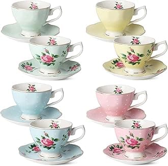 BTaT Floral Tea Cups and Saucers, Set of 8 (8 oz) Multi-color with Gold Trim and Gift Box, British Porcelain Tea Set for Women, Latte Cups