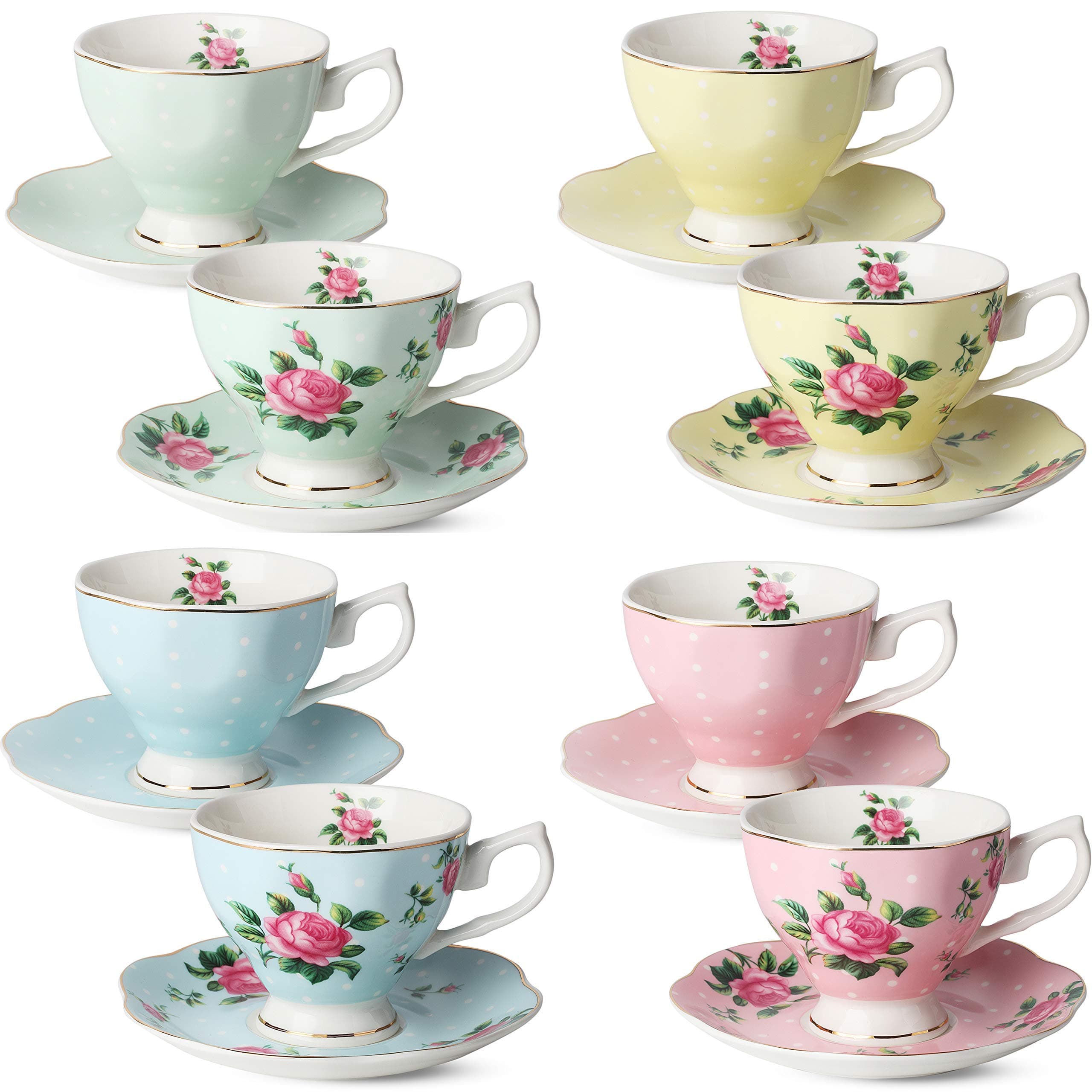 BTaT- Floral Tea Cups and Saucers Set of 8 (8 oz), Porcelain Tea Cup Sets, Assorted Colors with Gold Trim & Gift Box, Dishwasher Safe