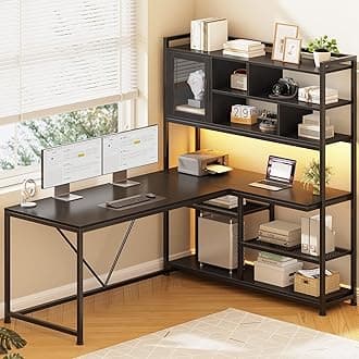 L Shaped Computer Desk, 58'' Office Desk with LED Light and Bookshelf, L Shaped Corner Desk with Storage Shelves for Home Office, Gaming Desk, L Desk, Black