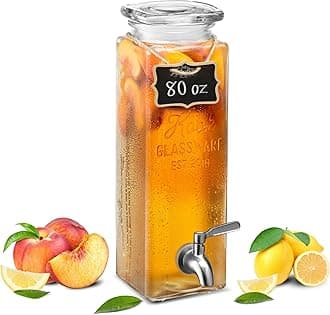 Drink Dispenser, 80 oz, Water Dispenser Countertop, Glass Drink Dispenser, Beverage dispenser, with Leak-Proof Spigot, Clear Rectangular Jar, Storage for Party, Fridge, for Water, Iced Tea