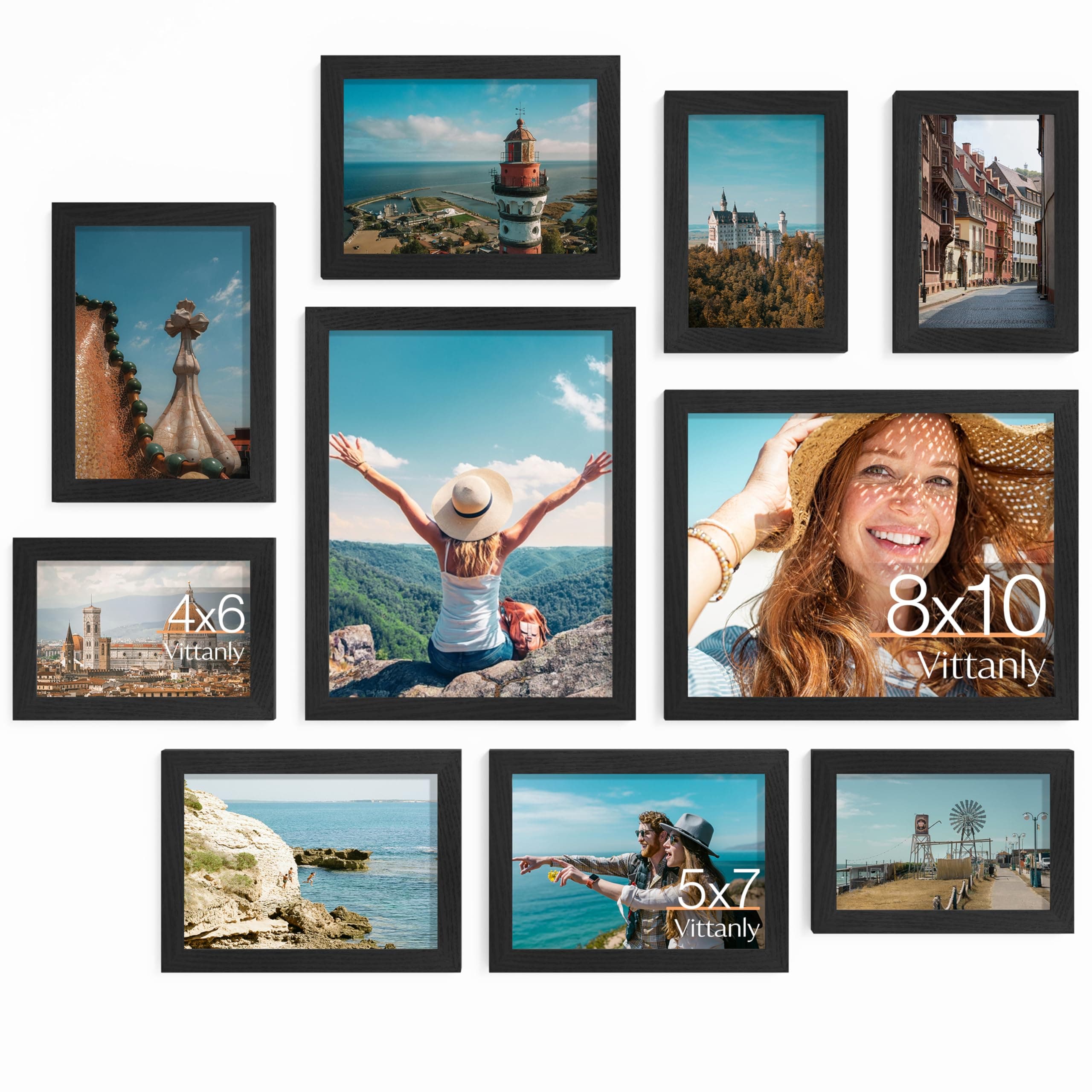 Vittanly 10 Pack Picture Frames Collage Wall Decor, Gallery Wall Frame Set for Wall or Tabletop Display, Engineered Wood and Shatter-resistant Plexiglass, Multi Sizes with 8x10, 5x7, 4x6 Frames, Black