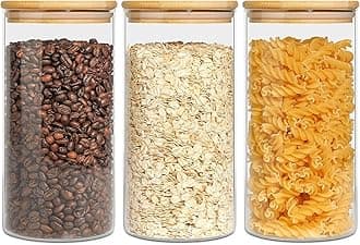 ComSaf Airtight Glass Storage Containers with Bamboo Lid (30oz Set of 3), Clear Food Storage Canisters with Lid, Kitchen Pantry Storage Jar for Flour Cereal Sugar Tea Coffee Beans Snacks, Round