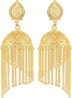 Gold Plated Traditional Indian Large Tassel Jhumka Earrings for Women (SJ_655)
