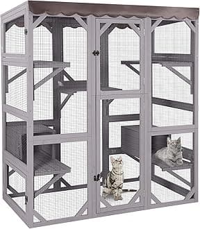 GUTINNEEN Catio Outdoor Cat Enclosure 70" Large Wooden Cat House Walk-in Cat Cage Kitty Shlter Playpen with 7 Platforms, 2 Resting Boxes, Waterproof Cover for 2-6 Cats (Grey)