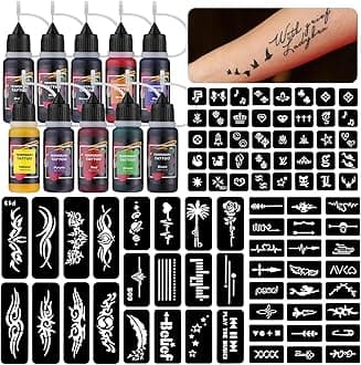 STIGMA Temporary Tattoo Kit Realistic Fake Tattoo for Kids and Adults 10 bottles of 0.5 oz Long Lasting Temporary Tattoo Ink and 84 Tattoo Stencils ZYH2312333KIT
