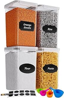 Extra Large Tall Airtight Food Storage Containers, Set of 4, Airtight Food Storage for Flour, Sugar, Rice, Includes Measuring Scoops, Pen, and Labels, 7qt, 220Oz, 6.5L, Transparent
