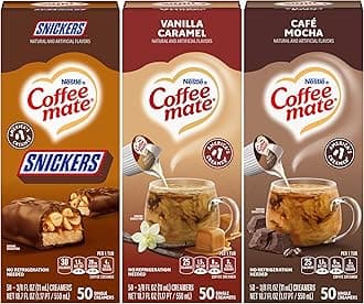 Nestle Coffee mate Liquid Coffee Creamer Singles Variety Pack, Snickers, Vanilla Caramel, Cafe Mocha, 50 Ct Box (Pack of 3)