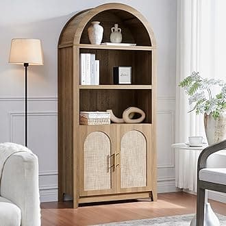 Rattan Arched Cabinet Bookshelf - 69.3” Tall Mid Century Display Cabinet, Rounded Bookcase with Rattan Doors, Open Shelf Storage for Dining Room (Caramel Oak, 1 PC)