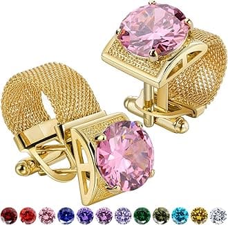 Birthstone Gold Tone Cufflinks for Men with Chain Shirt cuff links Wedding Business Birthday Christmas Gifts for Men