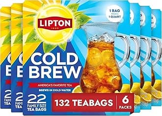 Lipton Cold Brew Black Tea Bags Family Size 6-Pack 132 Total Bags Rainforest Alliance Certified Iced Tea Bags for Smooth Crisp Refreshing Cold Brewing Experience
