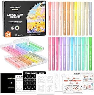 Automatic Ink Control Acrylic Paint Markers, 24 Pastel Colors Brush Tip Acrylic Paint Pens for Rock Painting, Ceramic, Wood, Canvas, Glass, Stone, Fabric, Card Making, DIY & Art Supplies