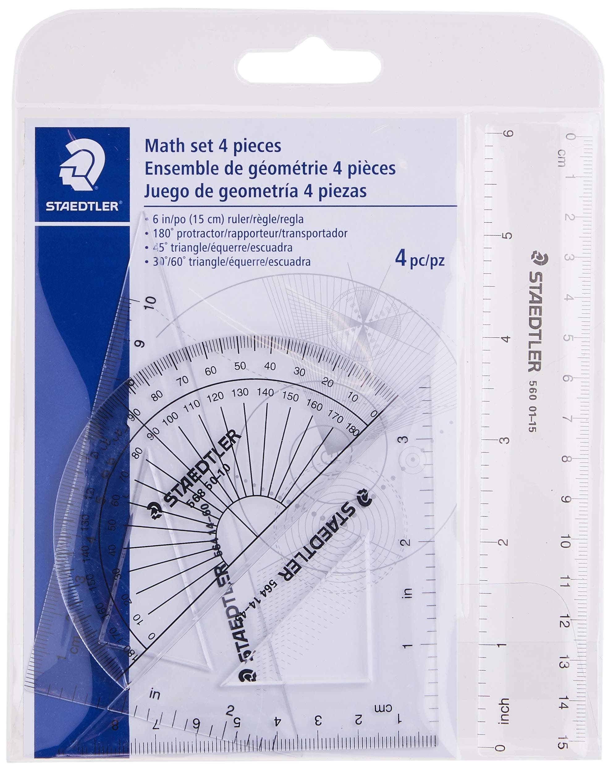 STAEDTLER Math Set - 4 pc Geometry Kit for Students - School Supplies with Clear Protractor, 6in Ruler & 2 Triangles – Metric & Imperial Scales