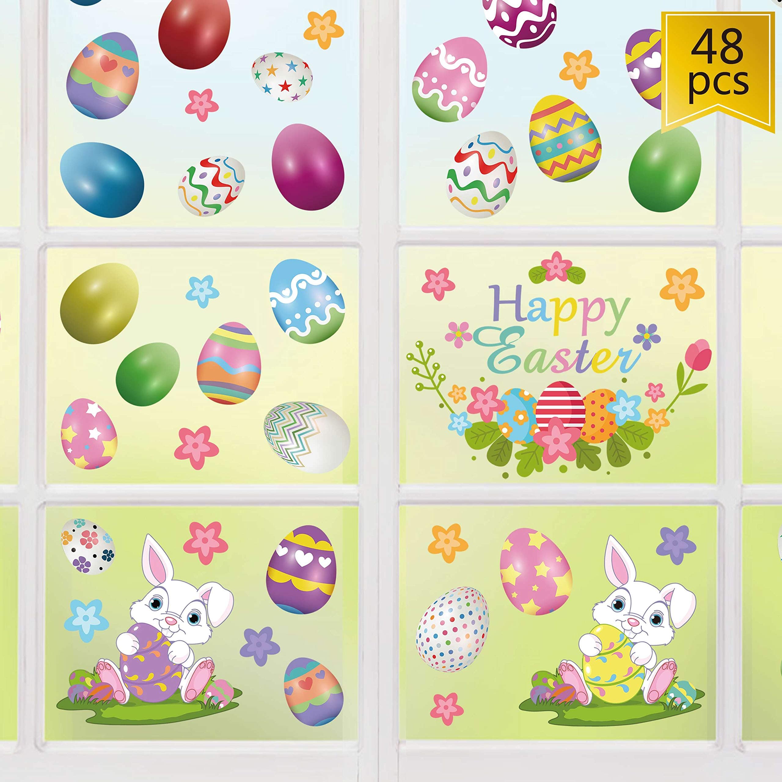 FRIDAY NIGHT 48PCS Easter Egg Bunny Window Clings, Easter Decorations Stickers Window Sticker Hunt Games Home Party Decal
