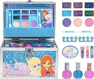 Disney Frozen - Train Case Cosmetic Makeup Set Includes Lip Gloss, Eye Shimmer, Brushes, Nail Polish Accessories & more! for Kid Girls, Ages 3+ perfect for Parties, Sleepovers & Makeovers