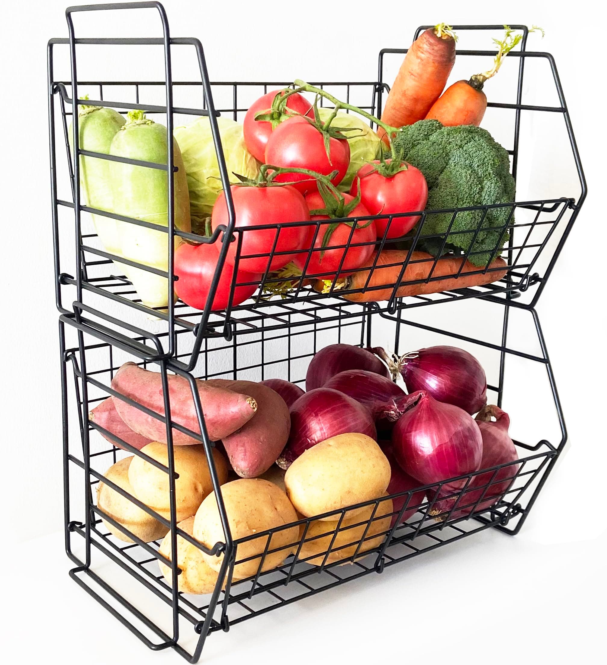 Stacking Produce Basket Potato Onion Storage Bin - Large Stackable 2 Tier Wire Pantry Organizers Fruit Vegetable Garlic Floor Stand - Counter Top Metal Shelf Snack Canned Veggies Holder