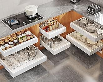 6Pack Expandable Pull Out Cabinet Organizer 21"Deep With Raising Pad for Framed Cabinets,Slide Out Drawers with 4pcs Divider Racks,Roll Out Shelves Adhesive,Adjustable Width 12.05"-20.4"White