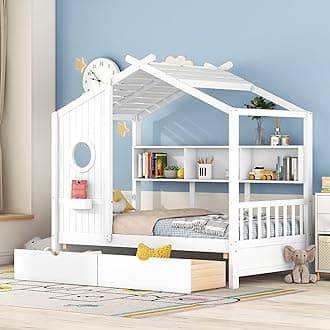 Linique Wooden Twin Size House Bed with 2 Drawers and Storage Shelf,Twin Platform Bed Frame with Pitched Roof,White