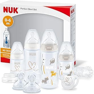 NUKPerfect Start First Choice+ Baby Bottles Set | 0-6 Months | 4 x Temperature Control Bottles, Dummy, Bottle Brush & More | BPA-Free | Safari | 10 Count