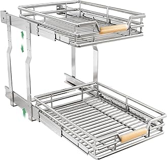Pull out Cabinet Organizer, 2 Tiers 15"W X 21"D, Heavy Duty Smooth Sliding Under Cabinet Shelves for Pots and Pans, Full-Extension Roll out Drawers, Slide out Organization for Home Kitchen Pantry