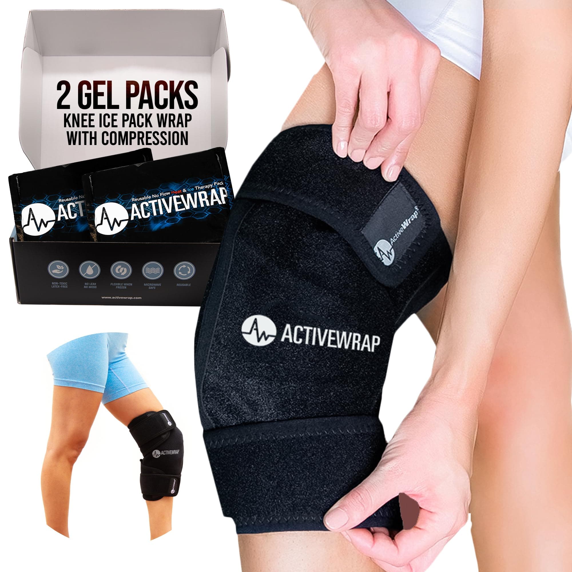 ActiveWrap - Knee Ice Pack Wrap with Compression, 2 Reusable Gel Heat & Cold Packs for Knee Pain, Sore Legs & Shin Splints. Flexible Cold Wrap for Injury and Swelling Control & Joint Support - One