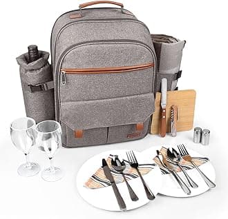 Sunflora Insulated Picnic Backpack for 2 Person Bag with Cooler Compartment, Wine Pouch, Cover and Cutlery Set in Steel