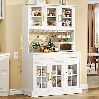 YITAHOME Kitchen Pantry Storage Cabinet with Power Outlet, 71'' Freestanding Hutch Cabinet with Microwave Stand, Sideboard Buffet Cabinet with Adjustable Shelves, Drawers, Glass Doors for Home, White