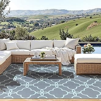 Ashler Outdoor Plastic Straw Rug Waterproof for Patio, Clearance Reversible Camping Mats, 9x12 Large Outdoor Area Rugs with Carrying Bag, for RV, Picnic, Backyard, Indoor, Grey Blue