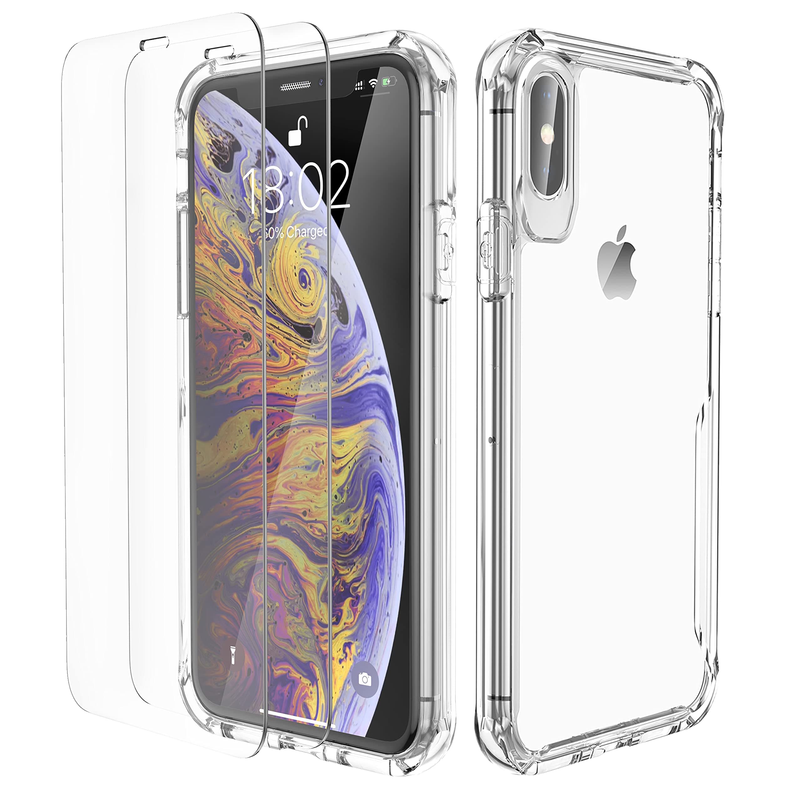 ORETECH Compatible with iPhone X/XS Case, with [2 x 9H Tempered Glass Screen Protector] Shockproof Drop Protection Ultra Thin Soft TPU + Hard PC Hybrid Transparent Case - Clear