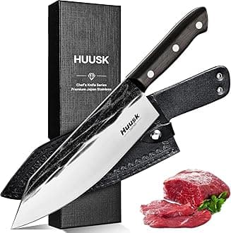 Huusk Japanese Cooking Knife, Butcher Knives for Meat Cutting, Hand Forged Kitchen Knives with Full Tang Handle, Brisket Trimming Knives with Sheath for BBQ, Camping, Christmas Gift for Men and Women