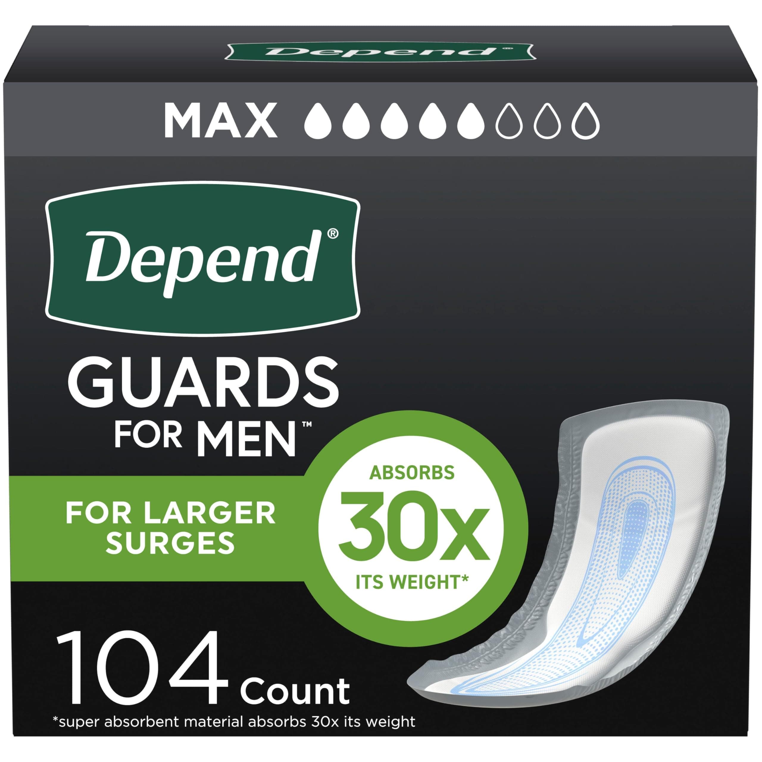Depend Incontinence Guards/Bladder Control Pads for Men, Maximum Absorbency, 104 Count (2 Packs of 52) (Packaging May Vary)
