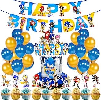 Zyozique Sonic Birthday Party Supplies for Kids - Sonic Party Decorations Set Include Happy Birthday Paper Banner ,Cupcake Toppers, Cake Toppers and Balloons (Pack oF 37)